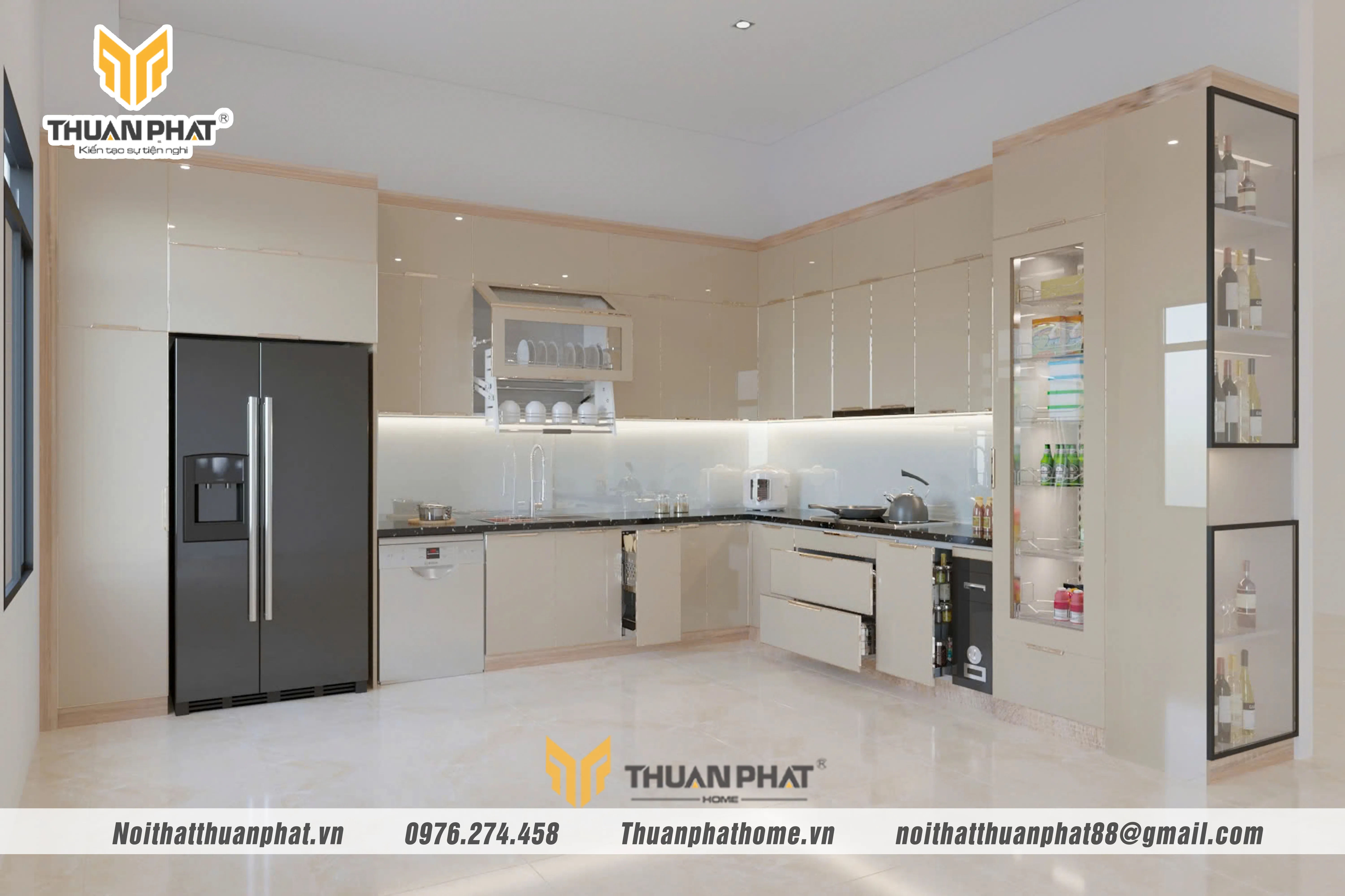 Bộ tủ bếp inox cánh kính xám sang trọng nhà anh Thịnh